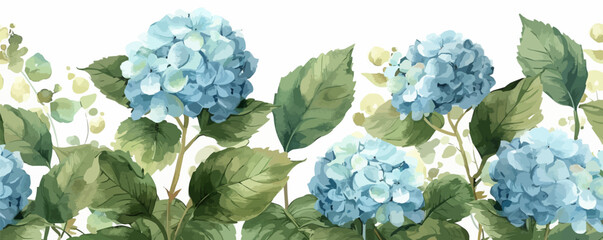Delicate floral watercolor pattern on white isolated background hydrangea flowers and green leaves, soft colors, boho style on light background, 