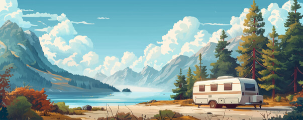 Wall Mural - Camper caravan and trailer rv outdoors in majestic natural place. Recreation and vacation. vector simple illustration