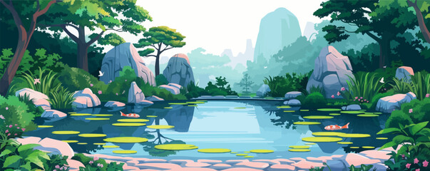 Wall Mural - Peaceful meditation garden with a tranquil koi pond, lush greenery, and Zen rock formations. Vector flat minimalistic isolated illustration