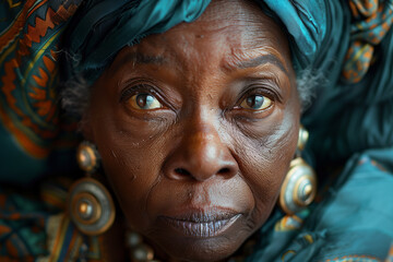 Wall Mural - Close portrait of elderly African woman in colorful ethnic turban and jewelry.