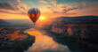© DELstudio - Colorful hot air balloon flying over green valley with road and mountain background at sunrise, bucket list lifestyle concept