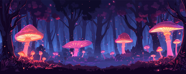 Wall Mural - Mysterious forest with majestic trees and glowing mushrooms. Vector flat minimalistic isolated illustration.