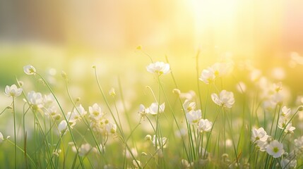 Wall Mural - Photograph of a delicate wildflower meadow in full bloom, captured in the ethereal glow of the early morning spring light, with a soft green blurred background.