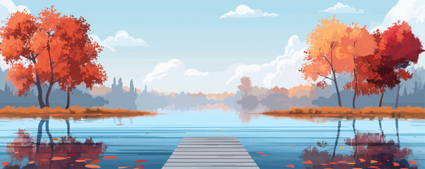 Wall Mural - Serene countryside millpond with a wooden dock, surrounded by autumn trees reflected in the water. Vector flat minimalistic isolated illustration