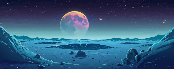 Wall Mural - Mysterious lunar landscape with a lunar crater and starry sky. Vector flat minimalistic isolated illustration.