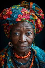 Wall Mural - Portrait of elderly African woman in colorful ethnic clothes.