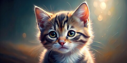 Wall Mural - Close-up painting of a cute kitten, kitten, cute, painting, close-up, fluffy, adorable, feline, whiskers, fur, art, colorful, whiskers