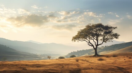 Poster - a solitary tree standing tall against a backdrop of rolling hills, its branches adorned with delicate leaves that radiate a soft, golden glow in the spring light.