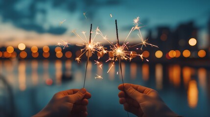 Wall Mural - Two people holding a pair of sparklers by a body of water