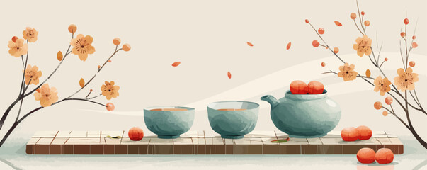 Cozy tea ceremony with Japanese tea cups and traditional treats. Vector flat minimalistic isolated illustration