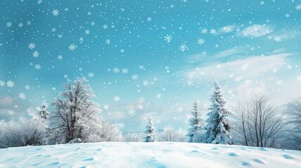 Poster - tranquil winter scene with soft white snow flurries drifting down from a serene sky blue backdrop.