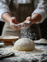 Wall Mural - Bakery chef is sprinkling white flour by two hands from the top onto a smooth ball of dough on a table.