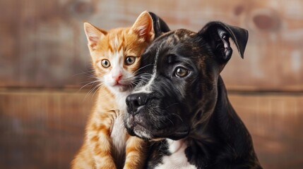 Wall Mural - A black and white dog and cat are sitting together.