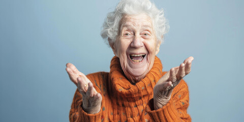 a Caucasian elderly person with a cheerful expression on a studio background