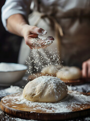 Wall Mural - Bakery chef is sprinkling white flour by one hand from the top onto a smooth ball of dough on a table.