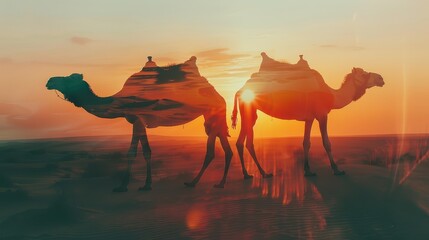 Two camels silhouetted against a vibrant sunset in the desert, creating a stunning and serene scene of natural beauty and tranquility.