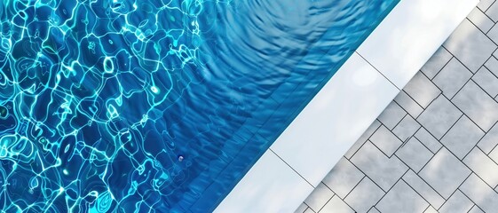 Aerial view of a clear blue swimming pool with white and gray tiled poolside. Modern, clean, and refreshing design. Holiday and healthy living concept.