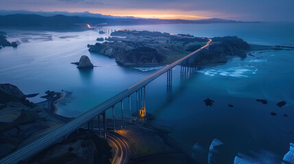 Wall Mural - Aerial view of a vast bridge spanning a bay at twilight