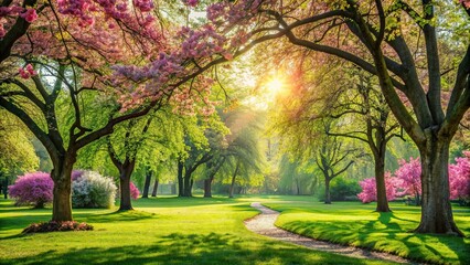 Wall Mural - Beautiful green leaves and blooming trees in a spring park, nature, outdoors, springtime, park, foliage, fresh, vibrant