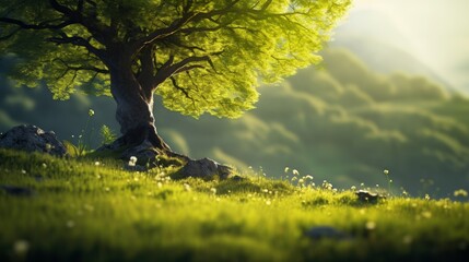 Poster - an ancient, moss-covered tree standing sentinel amidst a vibrant spring meadow. Spring light green blur background. Glowing.