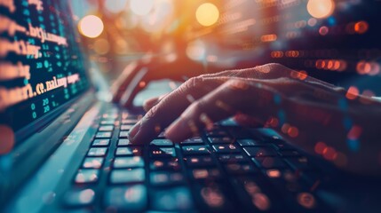Aufkleber - Close-up of a programmer's hands typing on a keyboard with a blur of code in the background, conveying a sense of intensity and focus.