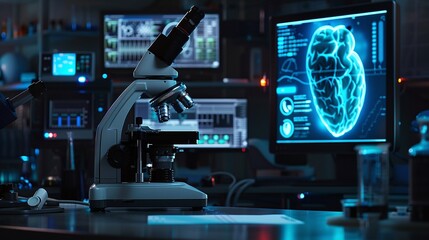 Digital microscope for research in dark medical laboratory, modern equipment and blue lights on lab background. Concept of technology, medicine, science