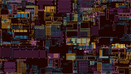 Poster - Printed circuit board. Visualization of advanced technology concept: PCB processor microchip, digitization of neural networks and cloud computing. Digital lines transmit data. Electronic computer