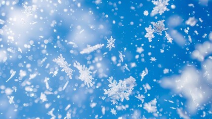 Poster - delicate white snowflakes gently falling against a clear, cerulean blue sky.
