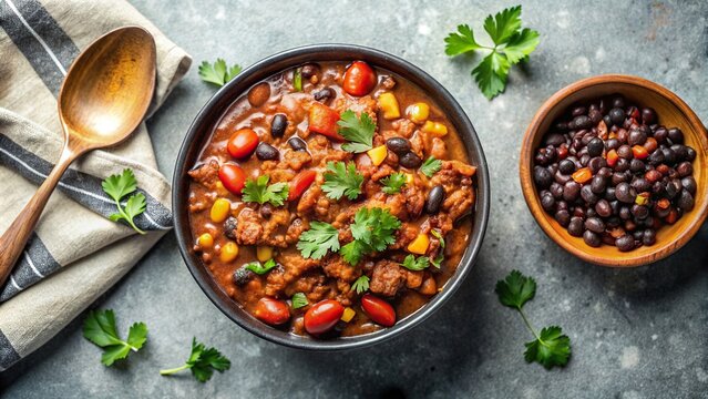 Plant-based chili with black beans on a plain surface, vegan, chili, plant-based, black beans, vegetarian, healthy, food