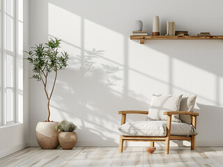 Wall Mural - Light wall in the room is adorned with a soft armchair and wooden rack