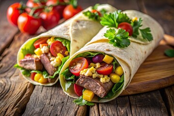 Appetizing beef and vegetable wrap with corn and tomatoes , food, wrap, delicious, healthy, fresh, lunch, meal, tasty, meat