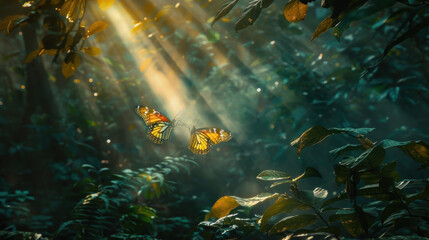 Wall Mural - Butterfly flying through a sunbeam in a dense forest