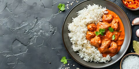 Wall Mural - Plate of Butter Chicken and Basmati Rice from a Top-down Perspective. Concept Food Photography, Indian Cuisine, Top-down Shot, Butter Chicken, Basmati Rice