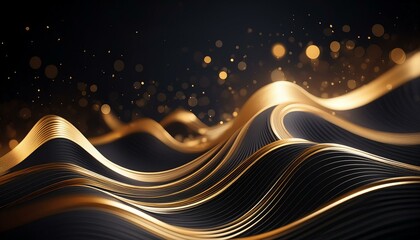 Abstract black luxury geometric background with flowing lines and waves. Modern shiny gold wavy lines with bokeh on black color background