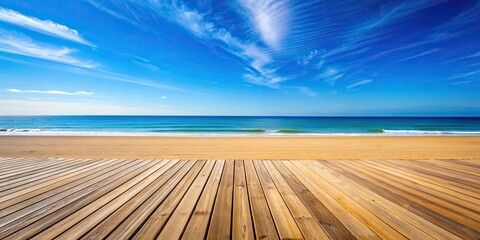 Sticker - Wooden deck on the beach with blue sky and sea background, wooden deck, beach, blue sky, sea, background, horizon, peaceful