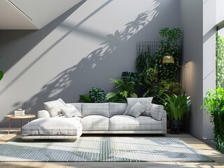 Poster - Loft-style living room Gray sofa with white plaid, green houseplants