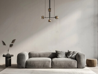 Wall Mural - Minimalist designer living room Gray sofa, industrial chandelier