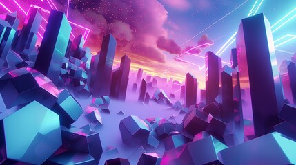 Wall Mural - A futuristic cityscape built from sharp geometric shapes like hexagons and triangles, under a neon sky.