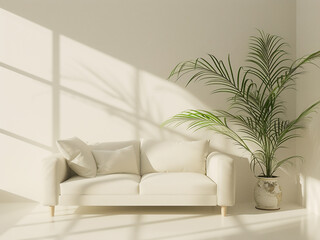 Wall Mural - Immerse yourself in a modern retro ambiance with a living room scene, including a sofa and plant