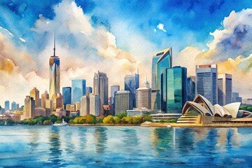 Wall Mural - Watercolor cityscape of Sydney with modern buildings, representing travel and tourism, Sydney, cityscape, watercolor