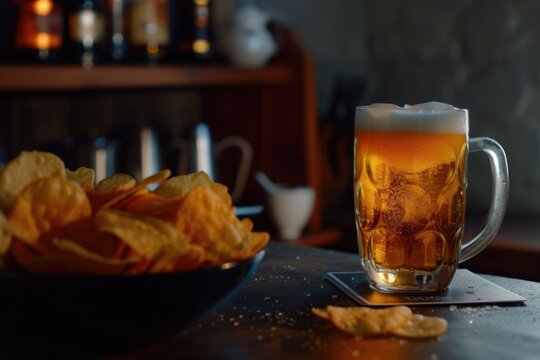 A glass of beer paired with a bowl of crispy chips for a cozy snack time