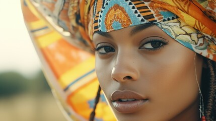 Close-up portrait of a woman wearing a head scarf, looking straight ahead