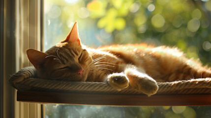 Wall Mural - Cat lounging in a sunny window perch