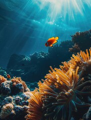 Wall Mural - A vibrant orange fish swims through the ocean waters near colorful coral, great for use in undersea or aquatic-themed projects