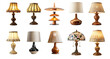 © paulmalaianu - Collection  of different styles of retro vantage and modern bedside nightstand lighting table lamp for interior isolated on transparent background.