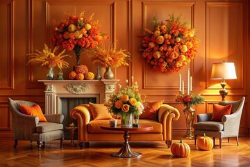 Poster - Orange luxury interior with elegant floral arrangements against an autumn themed backdrop , luxury, interior, orange, floral