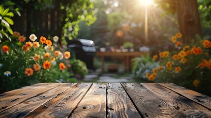 Wooden table in a blooming garden with vibrant flowers and a barbecue grill under the warm sunset light, perfect for outdoor dining and relaxation.