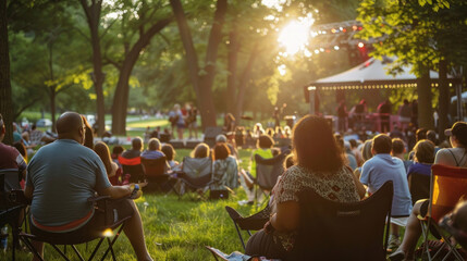 City residents attending an outdoor concert in a park