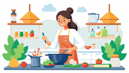 healthy eating woman cooking a nutritious meal with illustration