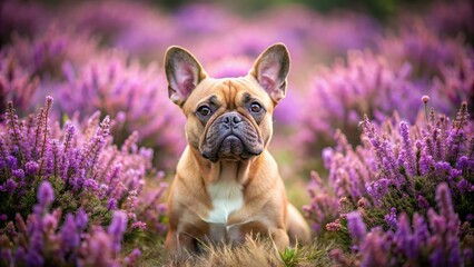 Wall Mural - Lovely brown French Bulldog sitting in field of purple heather flowers, French Bulldog, dog, canine, sitting, field